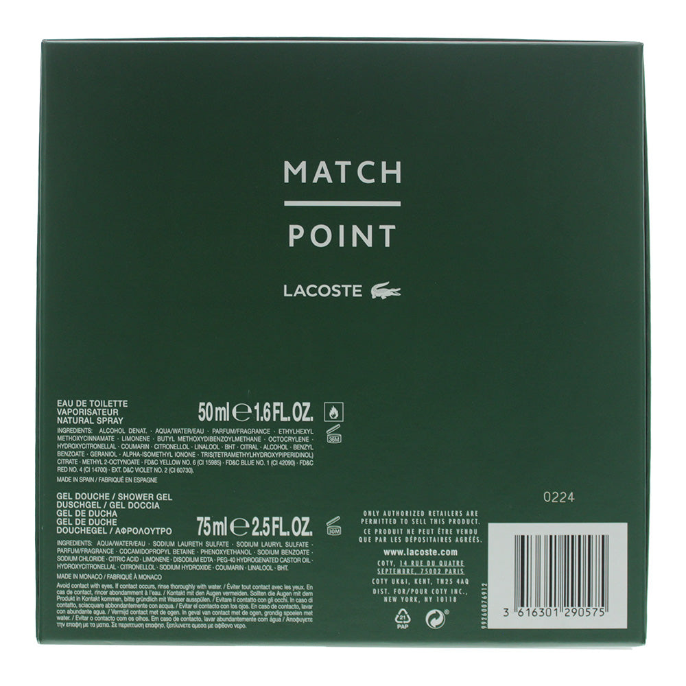 Lacoste Match Point 2 Piece Gift Set: Eau de Toilette 50ml - Shower Gel 75ml