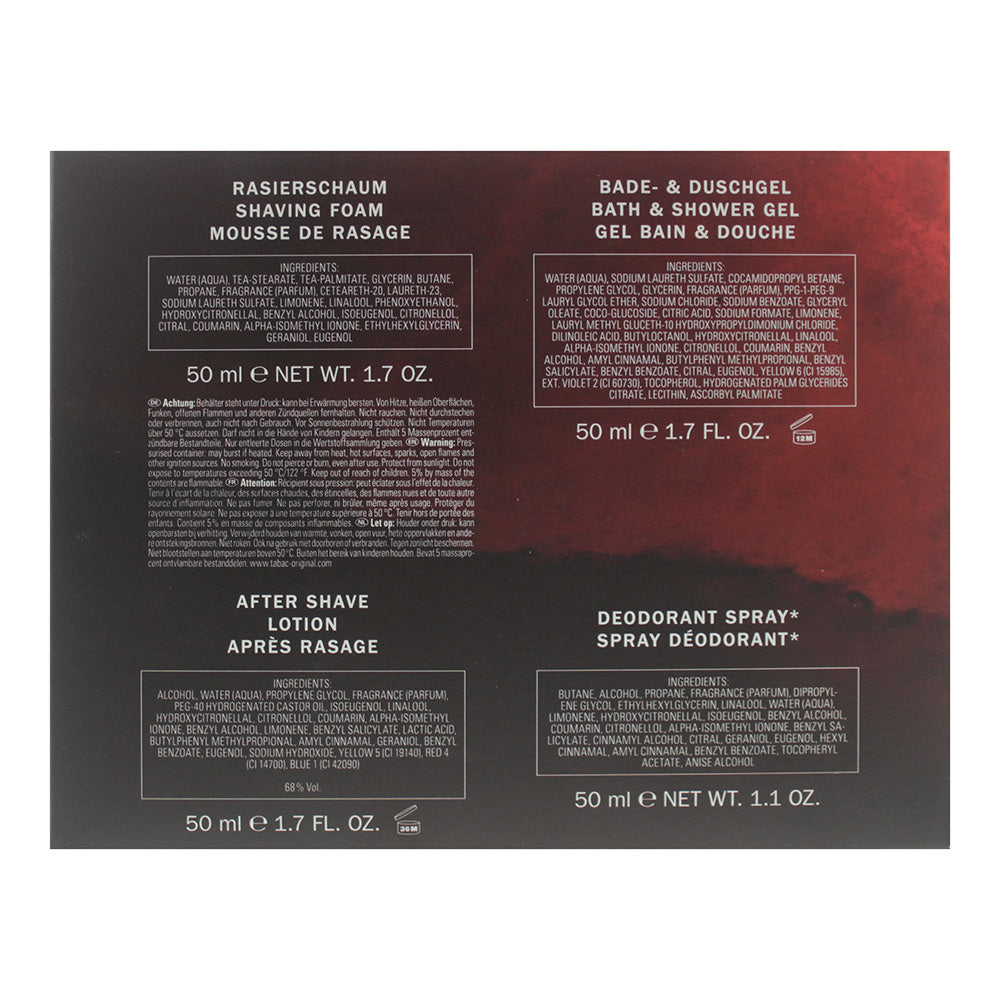 Tabac Original 4 Piece Gift Set: Aftershave Lotion 50ml - Shower Gel 50ml - Deodorant Spray 50ml - Shaving Foam 50ml