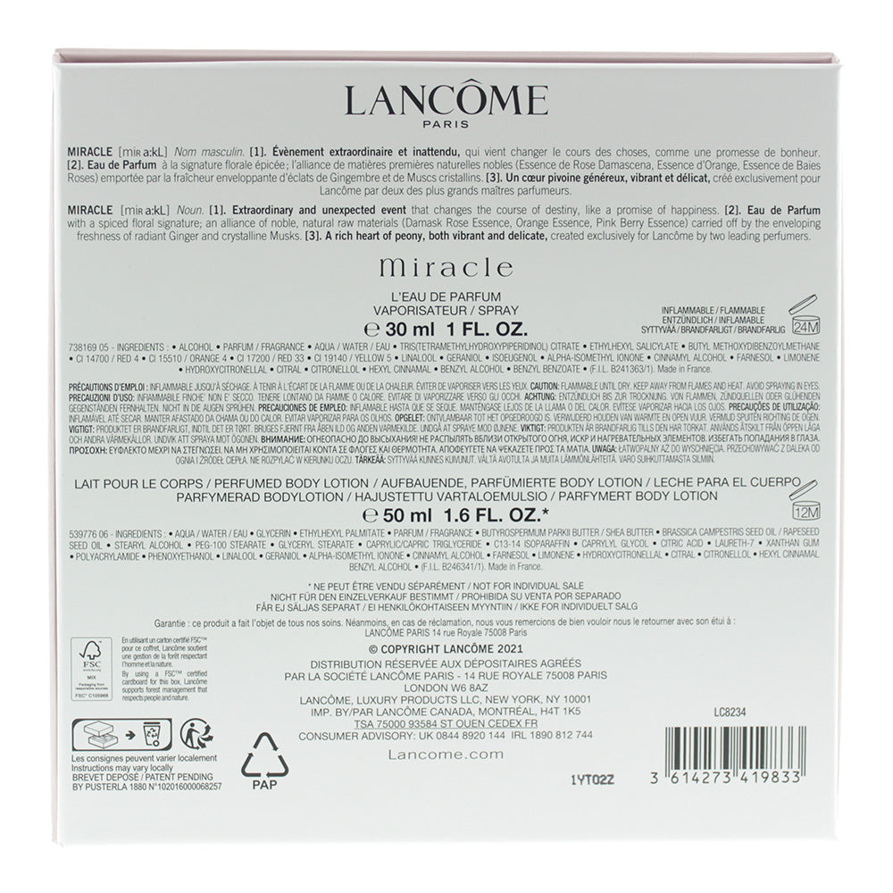 Lancome Miracle 2 Piece Gift Set: Eau De Parfum 30ml - Body Lotion 50ml