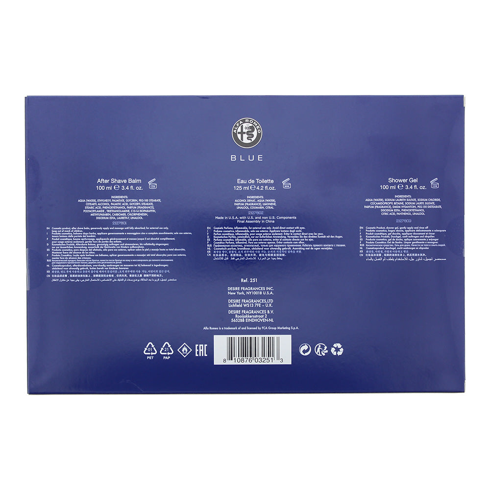 Alfa Romeo Blue 3 Piece Gift Set: Eau de Toilette 125ml - Shower Gel 100ml - Aft