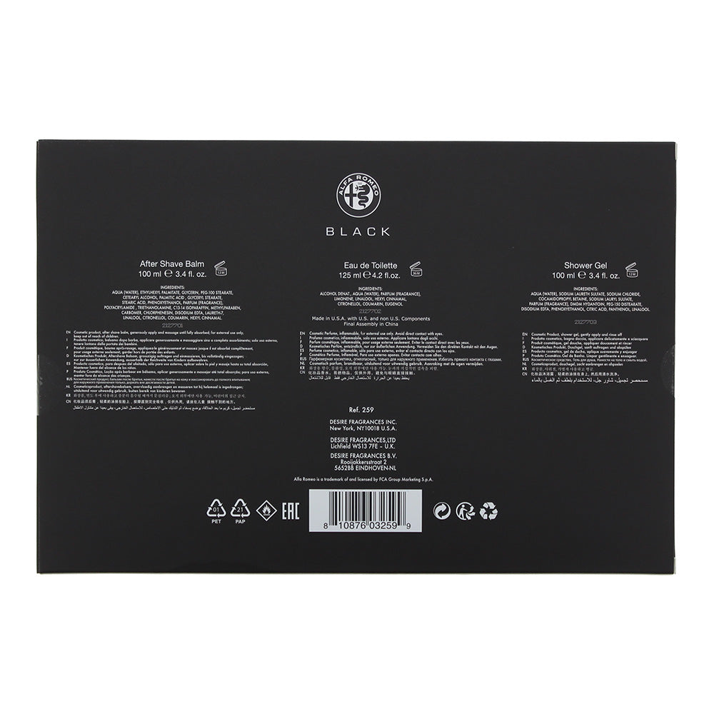 Alfa Romeo Black 3 Piece Gift Set: Eau de Toilette 125ml - Shower Gel 100ml - Af