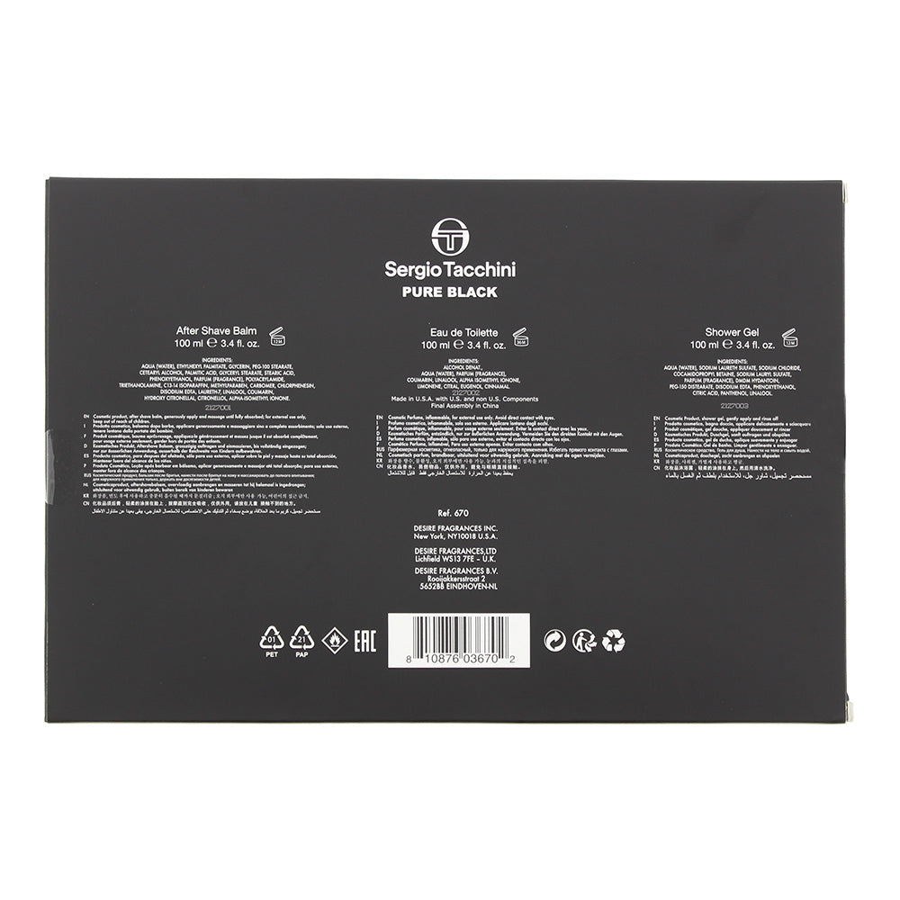 Sergio Tacchini Pure Black 3 Piece Gift Set: Eau De Toilette 100ml - Shower Gel 100ml - Aftershave Balm 100ml