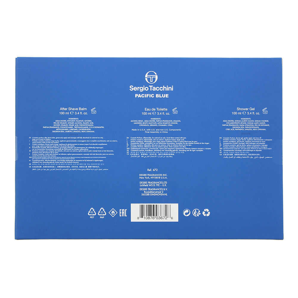 Sergio Tacchini Pacific Blue 3 Piece Gift Set: Eau De Toilette 100ml - Shower Gel 100ml - Aftershave Balm 100ml