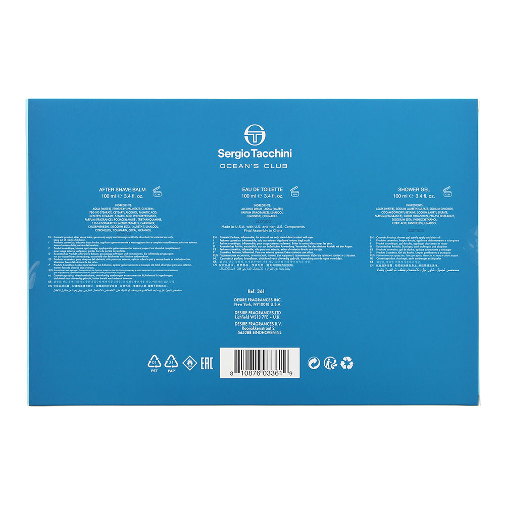 Sergio Tacchini Ocean Club  Piece Gift Set: Eau De Toilette 100ml - Shower Gel 100ml - Aftershave Balm 100ml