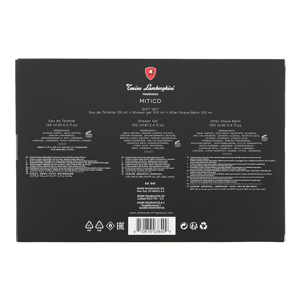 Tonino Lamborghini Mitico 3 Piece Gift Set: Eau De Toilette 125ml - Shower Gel 100ml - Aftershave Balm 100ml