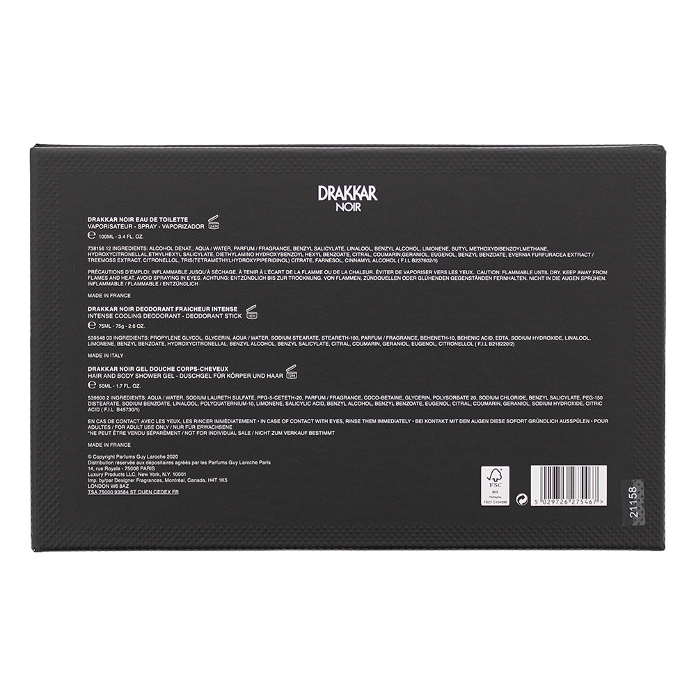 Guy Laroche Drakkar Noir 3 Piece Gift Set: Eau De Toilette 100ml - Deodorant Stick 75ml - Shower Gel 50ml