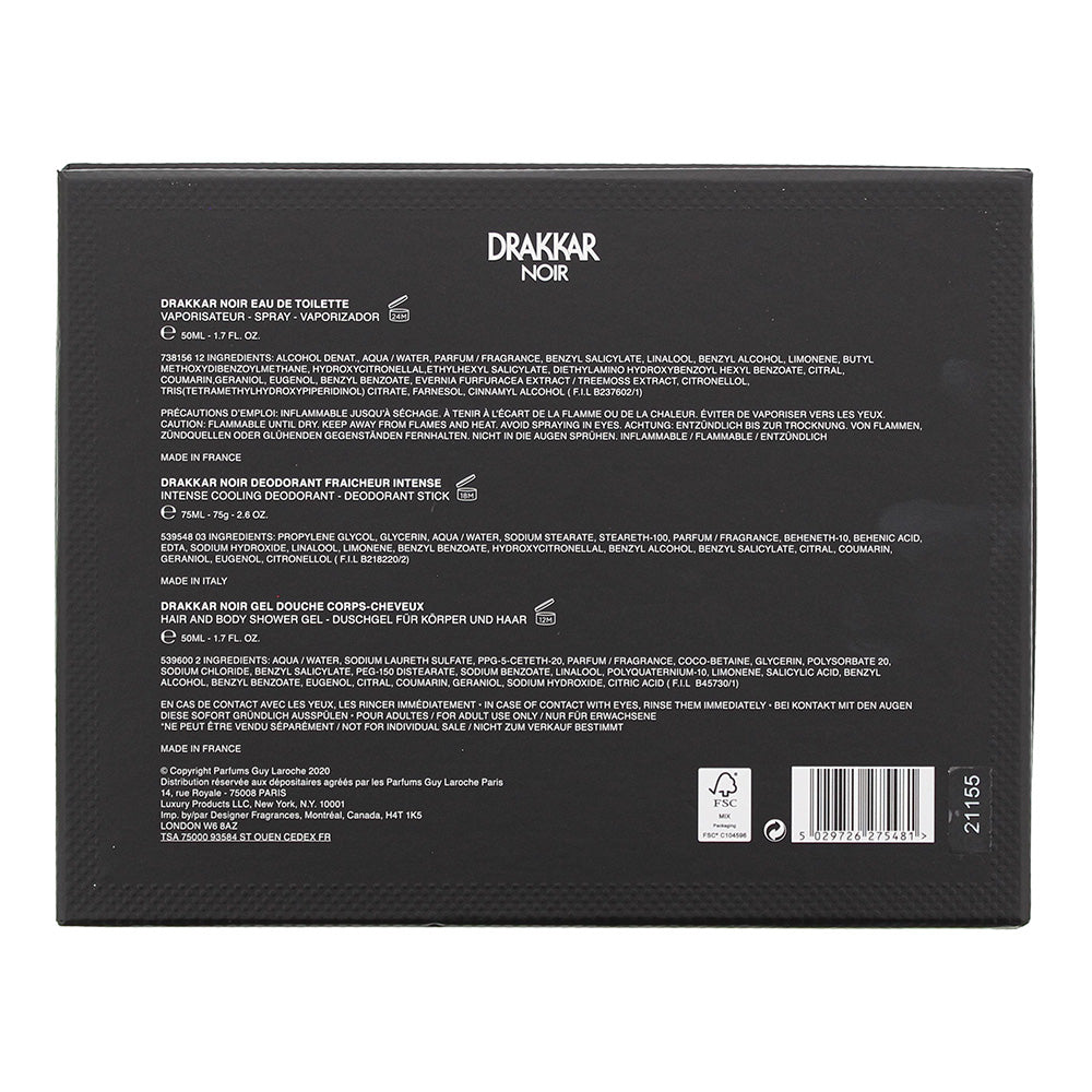 Guy Laroche Drakkar Noir 3 Piece Gift Set: Eau De Toilette 50ml - Deodorant Stick 75ml - Shower Gel 50ml