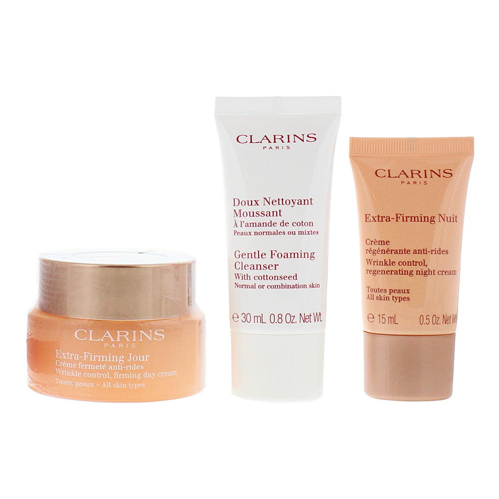 Clarins 3 Piece Gift Set: Extra Firming Day Cream 50ml - Extra Firming Night Cream 15ml - Gentle Foaming Cleanser 30ml - Product