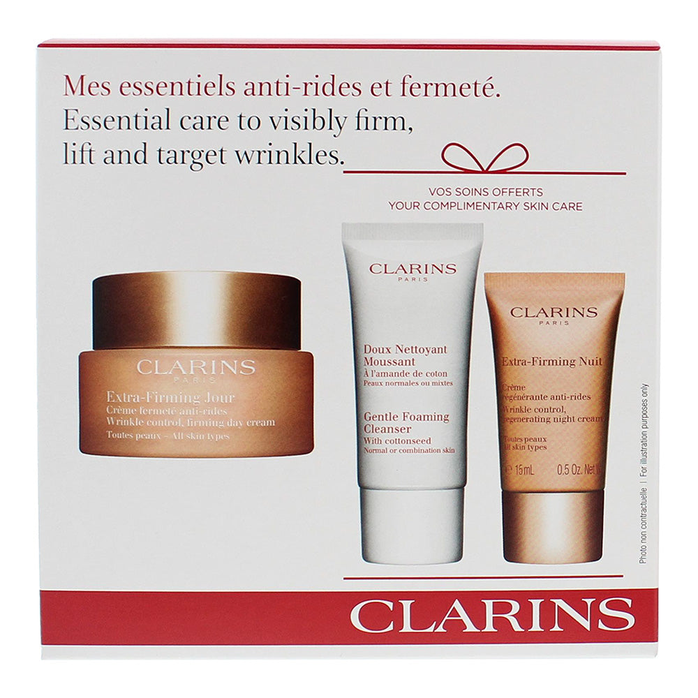 Clarins 3 Piece Gift Set: Extra Firming Day Cream 50ml - Extra Firming Night Cream 15ml - Gentle Foaming Cleanser 30ml - Box