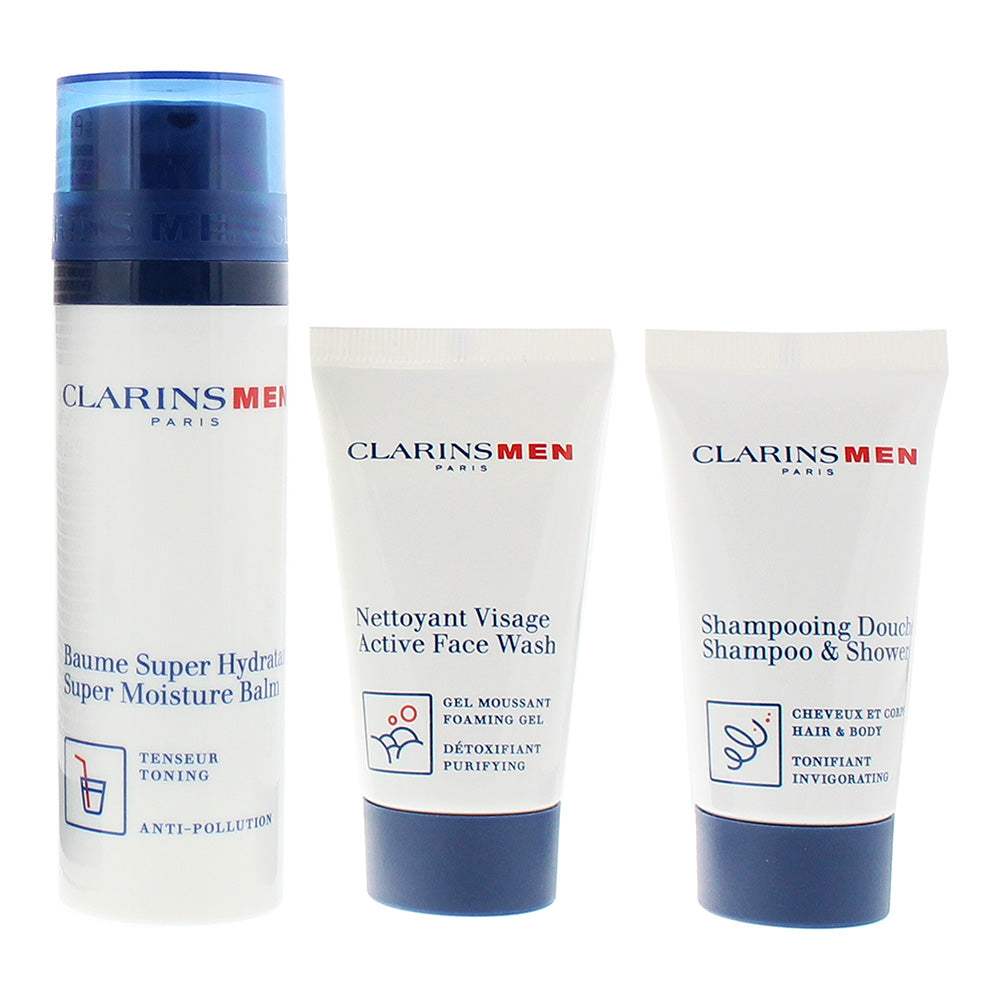 Clarins Men Hydration Champions 3 Piece Gift Set: Super Moisture Balm 50ml - Shower Shampoo 30ml - Face Wash 30ml - Product