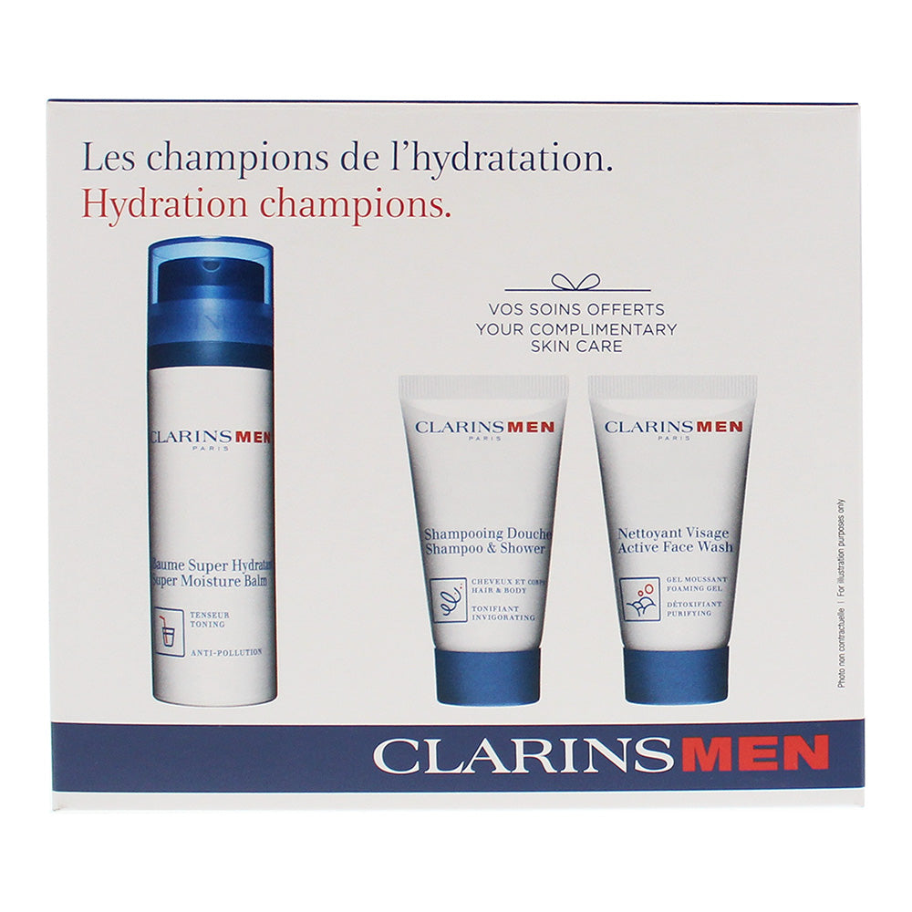 Clarins Men Hydration Champions 3 Piece Gift Set: Super Moisture Balm 50ml - Shower Shampoo 30ml - Face Wash 30ml - Box