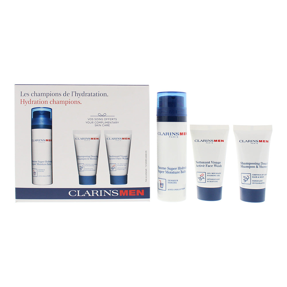 Clarins Men Hydration Champions 3 Piece Gift Set: Super Moisture Balm 50ml - Shower Shampoo 30ml - Face Wash 30ml