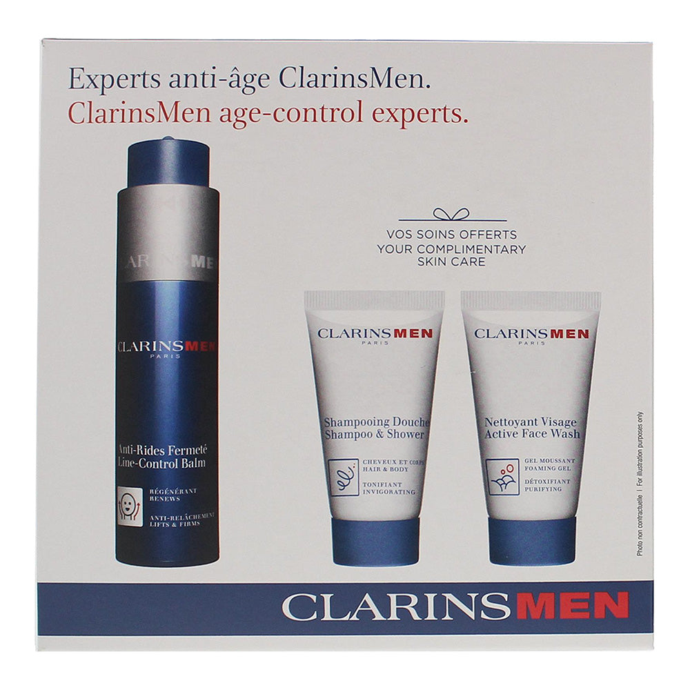 Clarins 3 Piece Gift Set: Line-Control Balm 50ml - Shampoo & Shower 30ml - Face  - Box