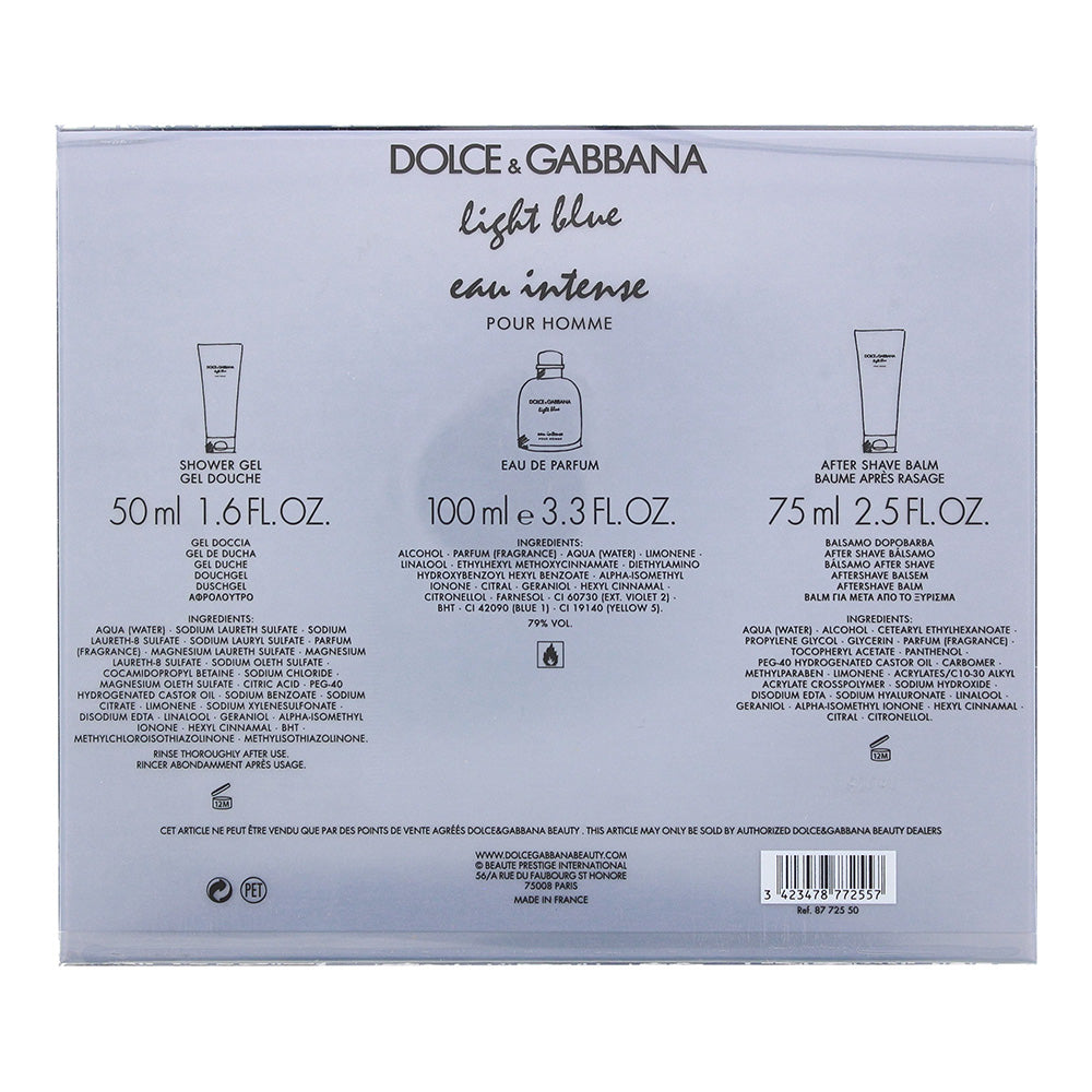 Dolce & Gabbana Light Blue Eau Intense Pour Homme 3 Piece Gift Set: Eau De Parfum 100ml - Aftershave Balm 75ml - Shower Gel 50ml