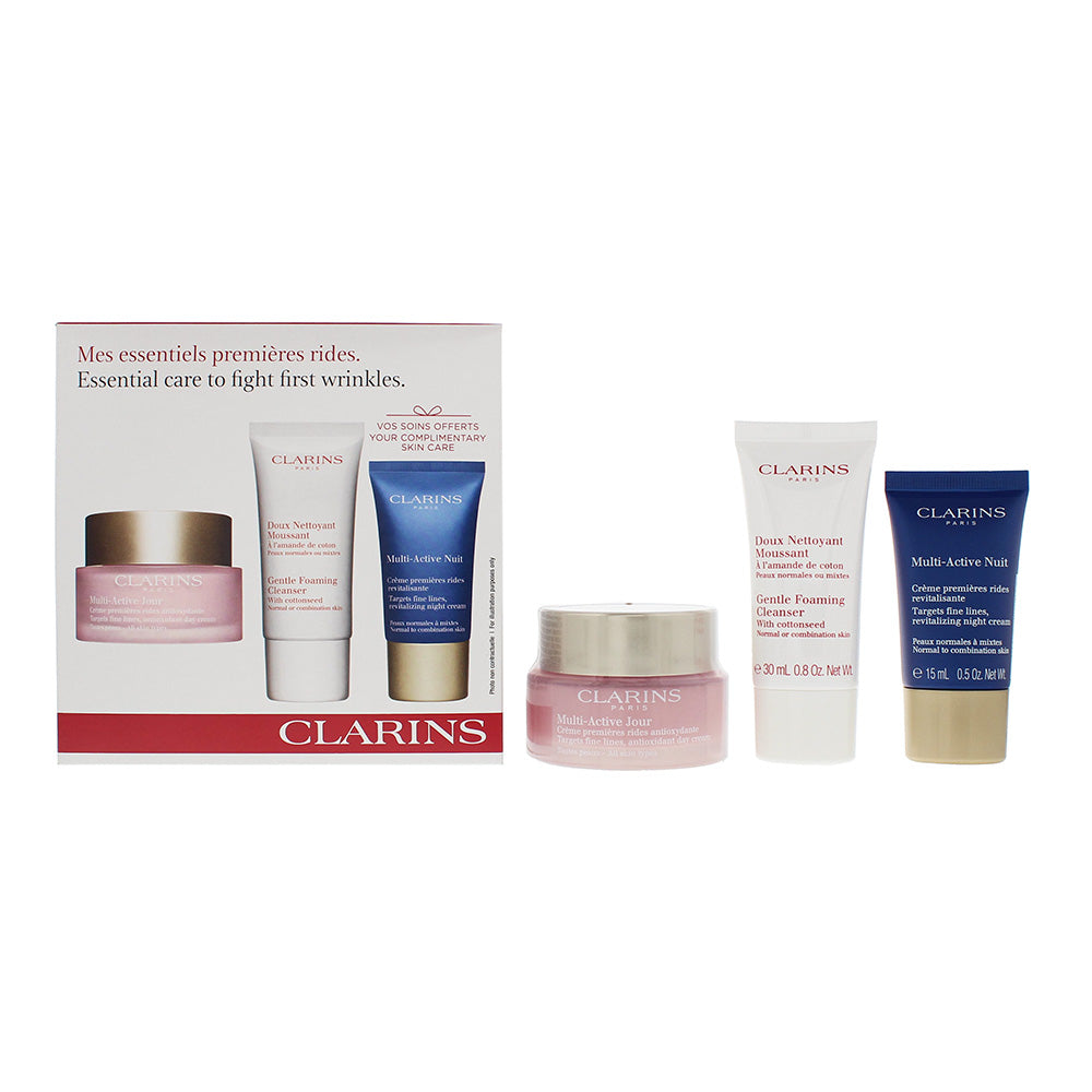 Clarins Essential Care Multi Active 3 Piece Gift Set: Day Cream 50ml - Night  Cream 15ml - Cleansing Foam 30ml