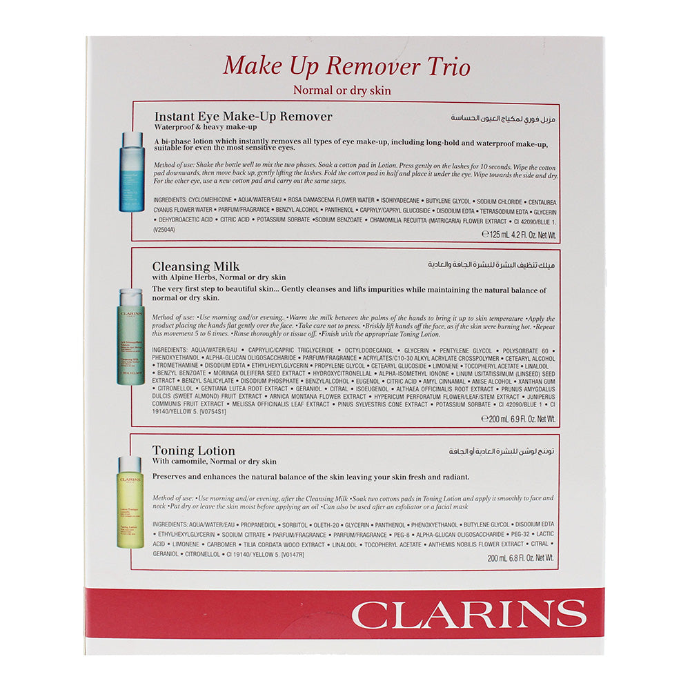 Clarins Make-Up Remover Trio For Normal to Dry Skin: Make-Up Remover 30ml - Cleansing Milk 50ml - Toning Lotion 50ml