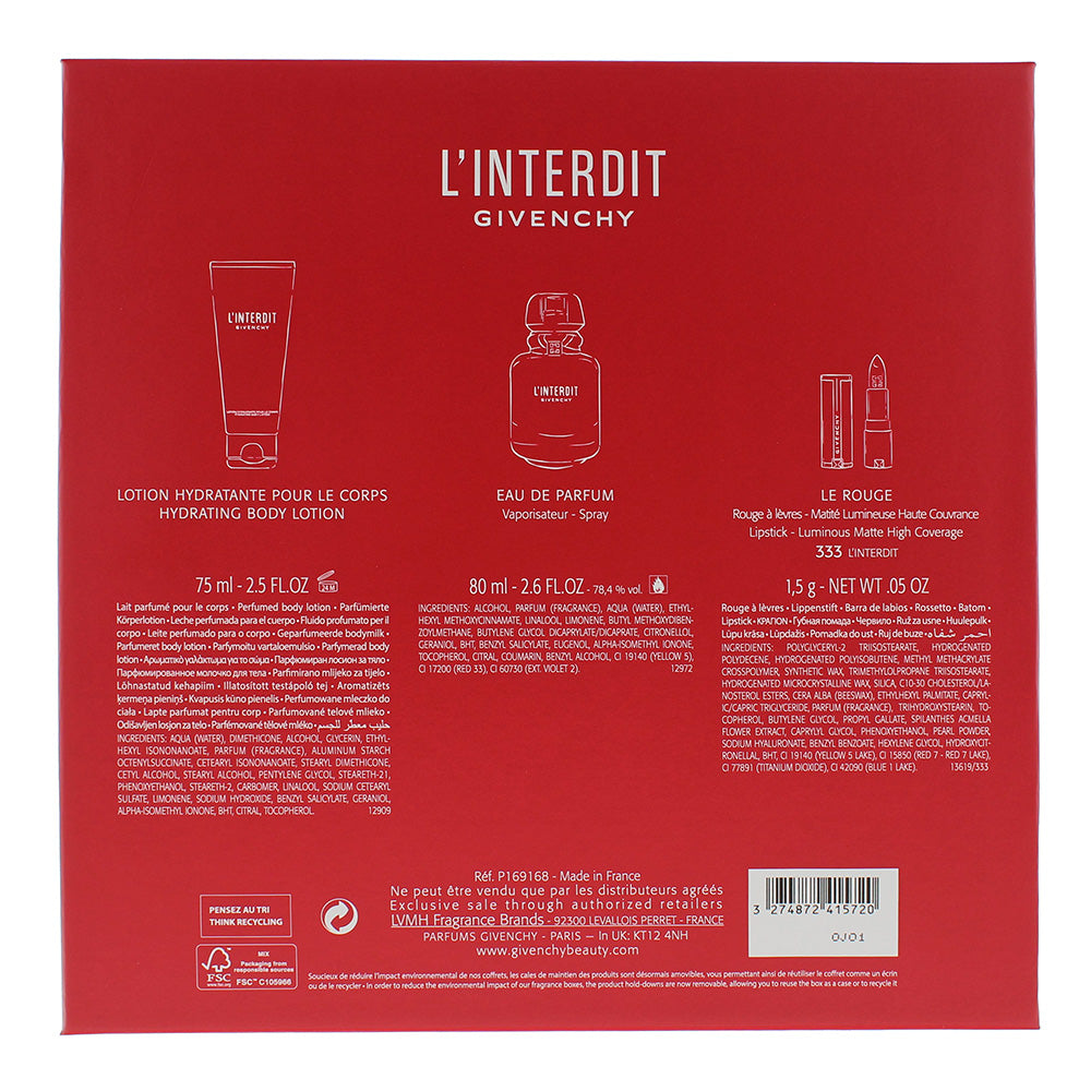 Givenchy L'interdit 3 Piece Gift Set: Eau De Parfum 80ml - Body Lotion 75ml - #333 Le Rouge Lipstick 1.5g