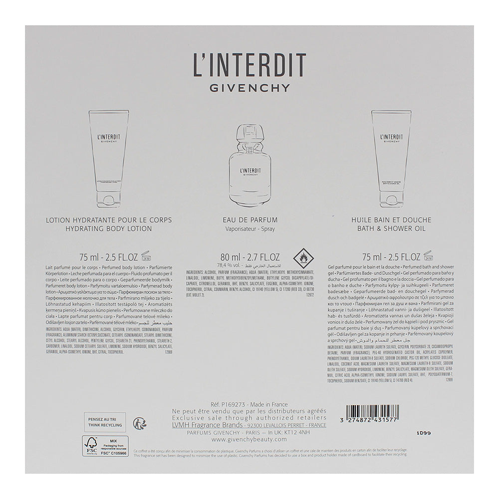 Givenchy L'interdit 3 Piece Gift Set: Eau De Parfum 80ml - Body Lotion 75ml - Shower Gel 75ml