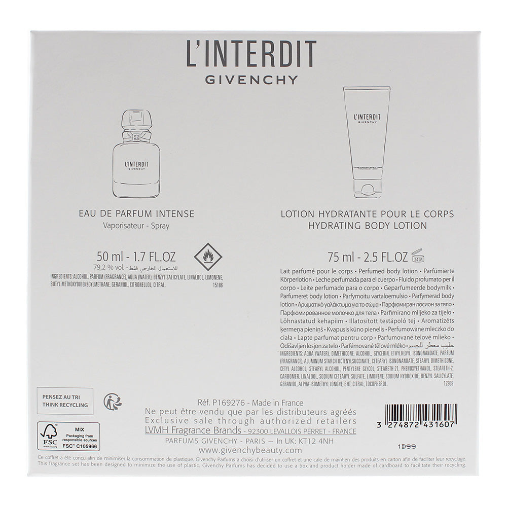 Givenchy L'interdit 2 Piece Gift Set: Eau De Parfum 50ml - Body Lotion 75ml