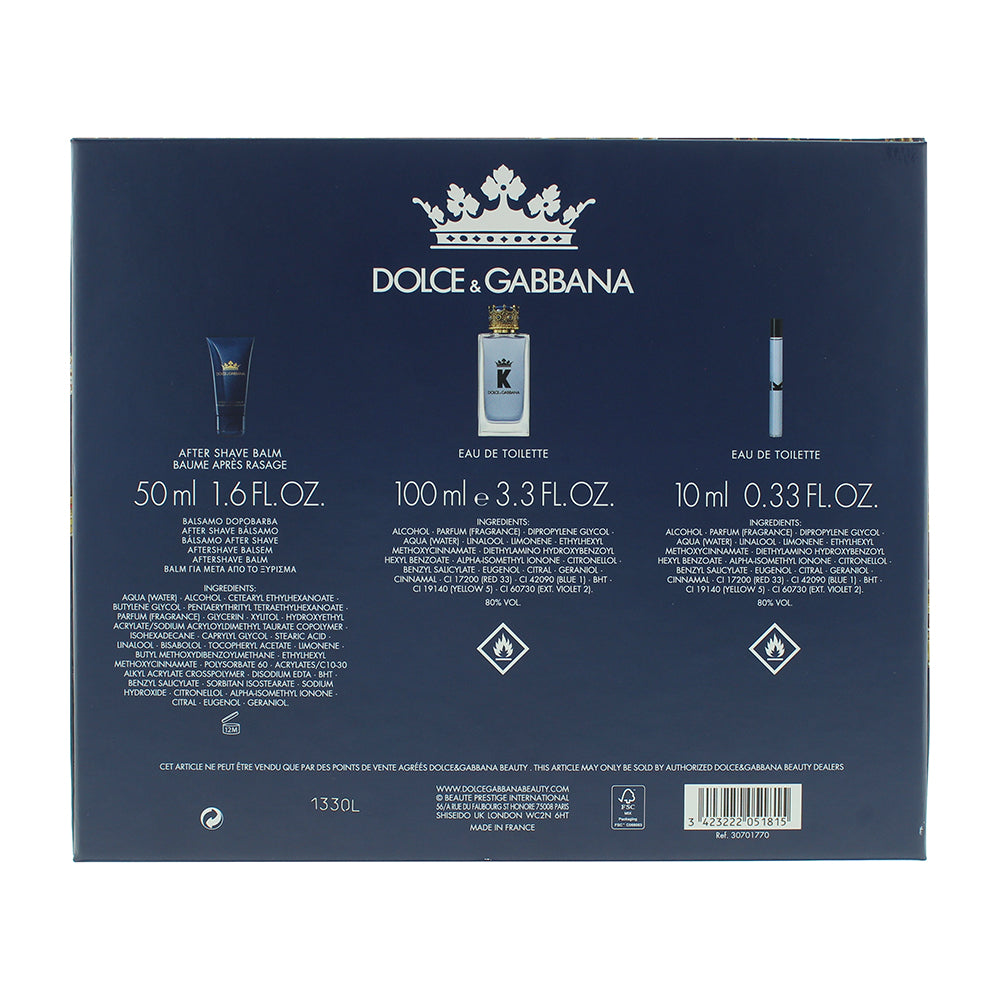 Dolce & Gabbana K 3 Piece Gift Set: Eau de Toilette 100ml - Aftershave Balm 50ml