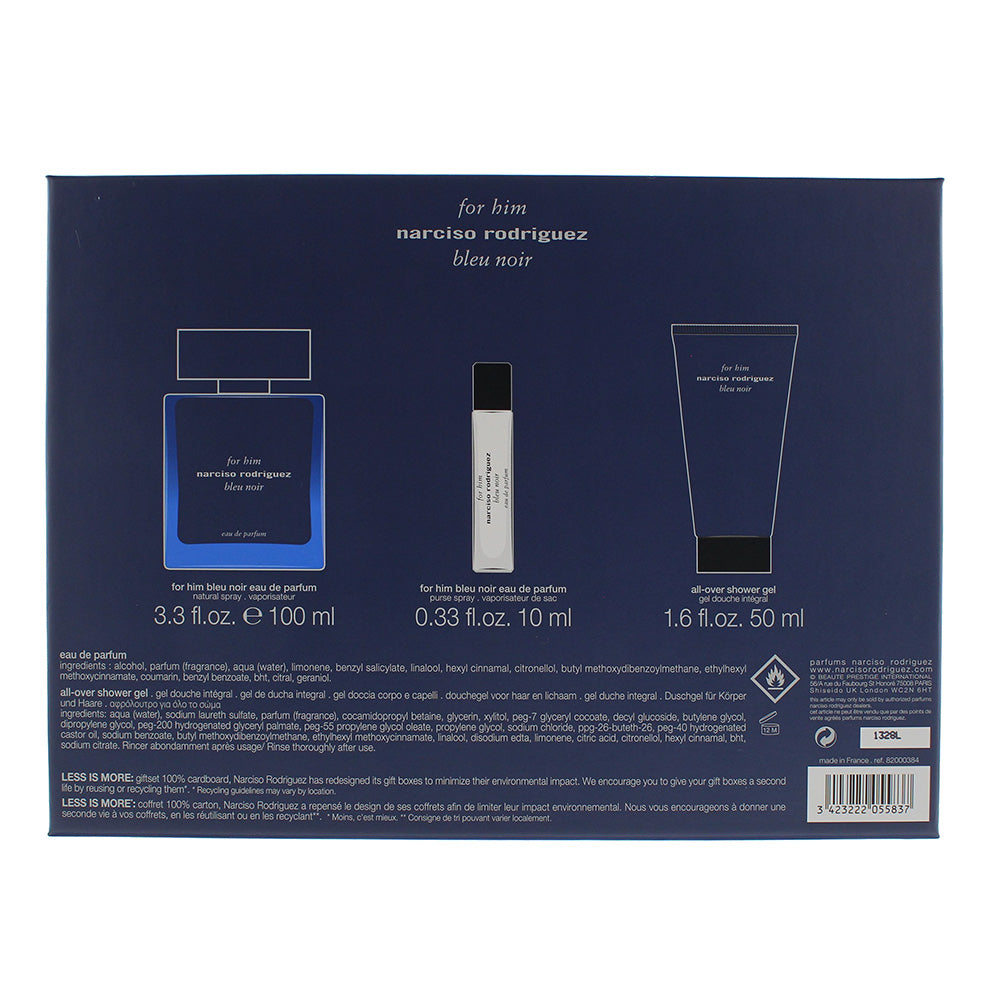 Narciso Rodriguez For Him Bleu Noir 3 Piece Gift Set: Eau de Parfum 100ml - Shower Gel 50ml - Eau de Parfum 10ml