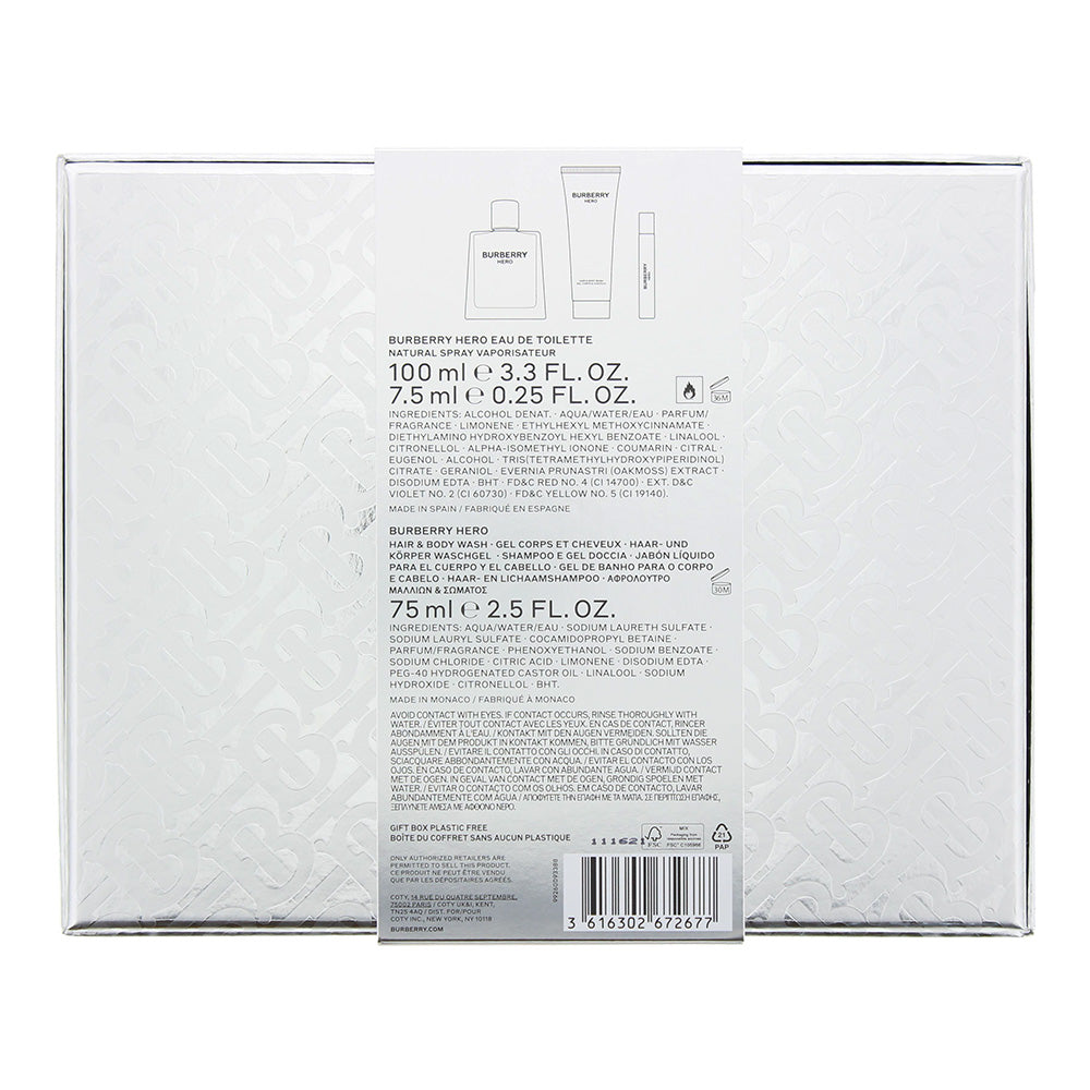 Burberry Hero 3 Piece Gift Set: Eau de Toilette 100ml - Body Wash 75ml - Eau de Toilette 7.5ml