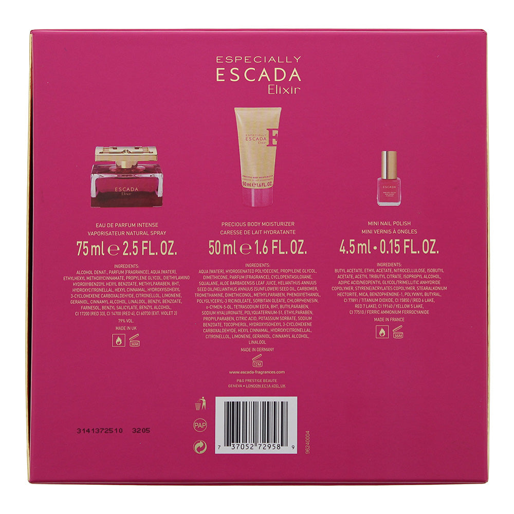 Escada Especially Elixir 3 Piece Gift Set: Eau De Parfum 75ml - Body Lotion 50ml - Nail Polish 4.5ml