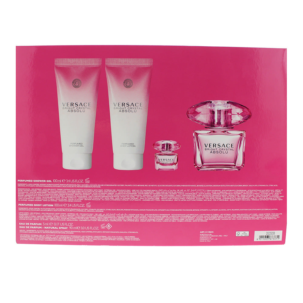 Versace Bright Crystal Absolu 4 Piece Gift Set: Eau de Parfum 90ml - Shower Gel  - Ingredients