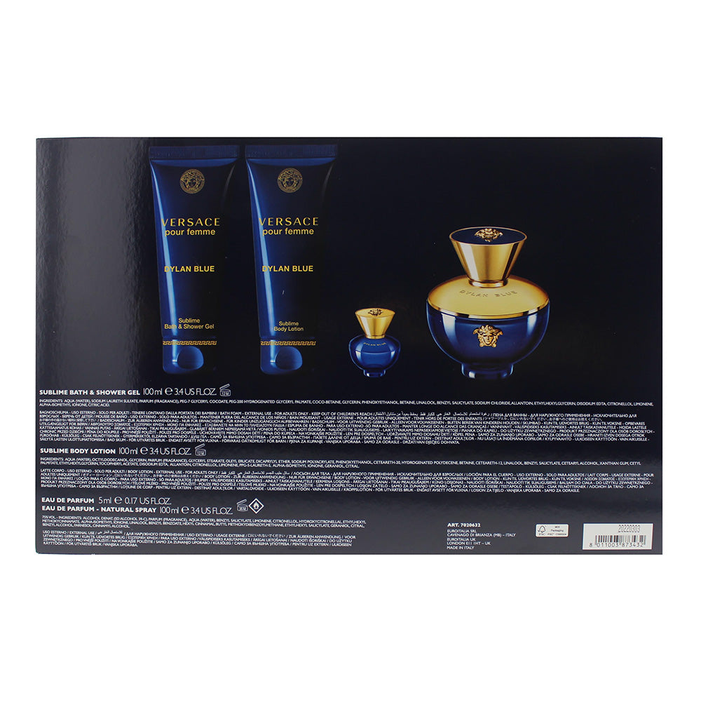 Versace Dylan Blue Pour Femme 4 Piece Gift Set: Eau De Parfum 100ml - Shower Gel 100ml - Body Lotion 100ml - Eau De Parfum 5ml