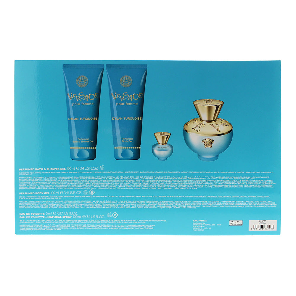 Versace Dylan Turqoise Pour Femme 4 Piece Gift Set: Eau De Toilette 100ml - Shower Gel 100ml - Body Lotion 100ml - Eau De Toilette 5ml
