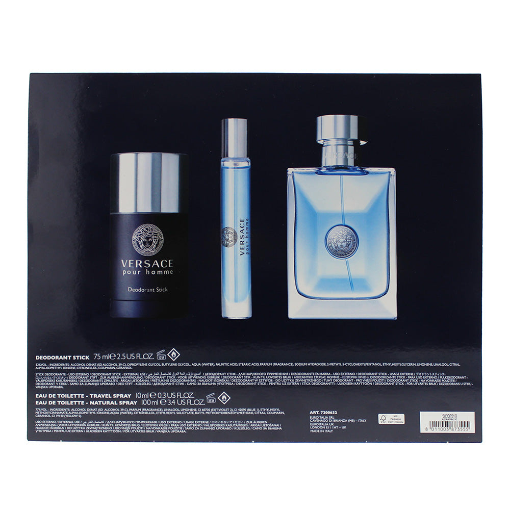 Versace Pour Homme 3 Piece Gift Set: Eau De Toilette 100ml - Deodorant Stick 75ml - Eau De Toilette 10ml