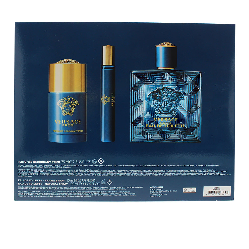Versace Eros 3 Piece Gift Set: Eau De Toilette 100ml - Deodorant Stick 75ml - Eau De Toilette 10ml