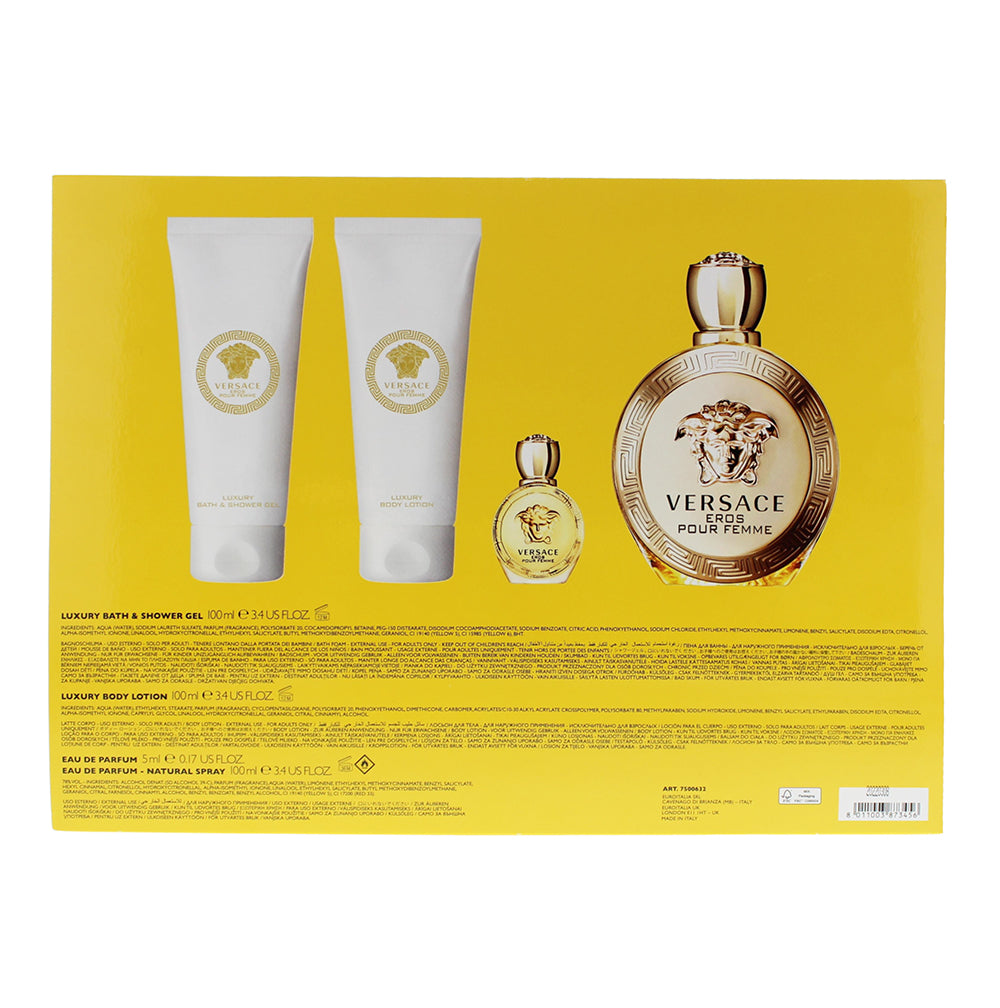 Versace Eros Pour Femme 4 Piece Gift Set: Eau De Parfum 100ml - Shower Gel 100ml - Body Lotion 100ml - Eau De Parfum 5ml