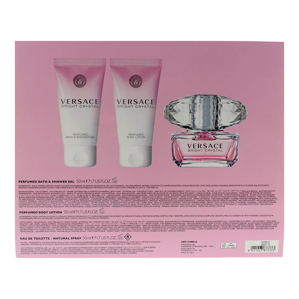 Versace Bright Crystal 3 Piece Gift Set: Eau De Toilette 50ml - Shower Gel 50ml - Body Lotion 50ml