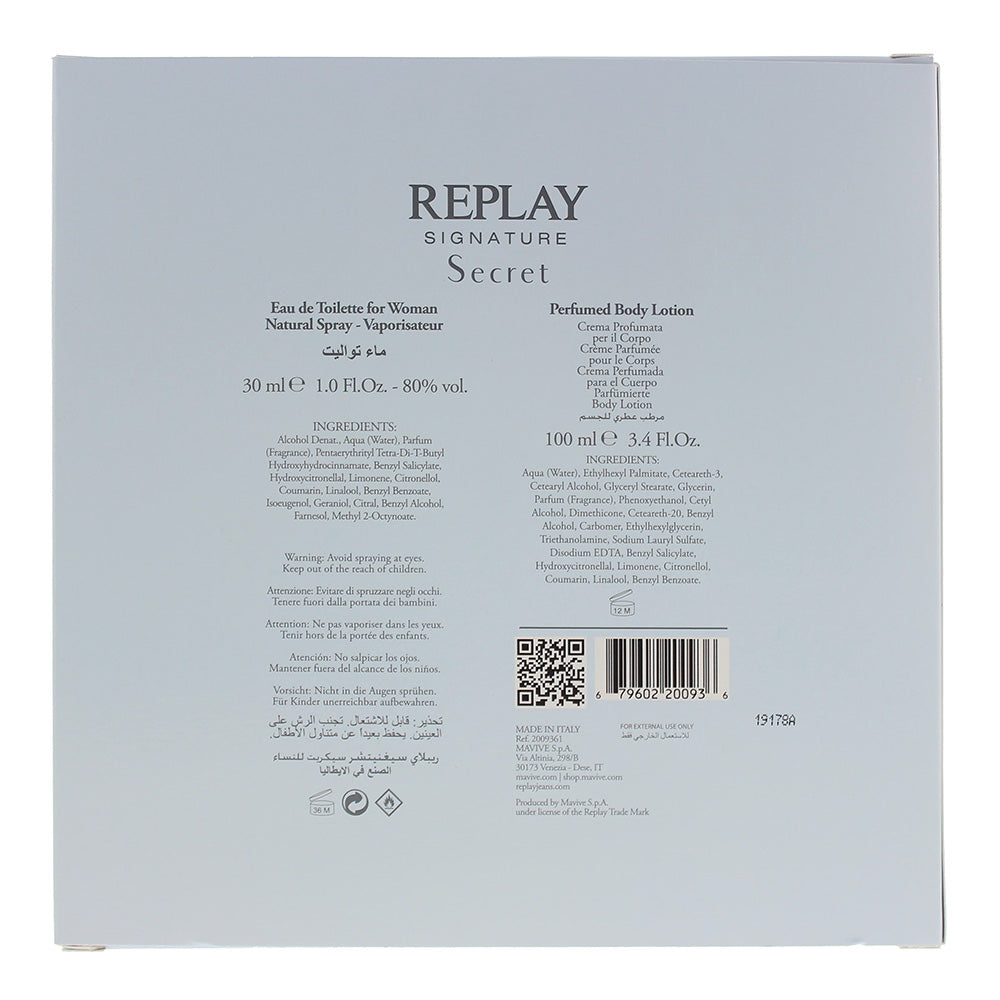 Replay Signature Secret For Woman 2 Piece Gift Set: Eau De Toilette 30ml - Body Lotion 100ml