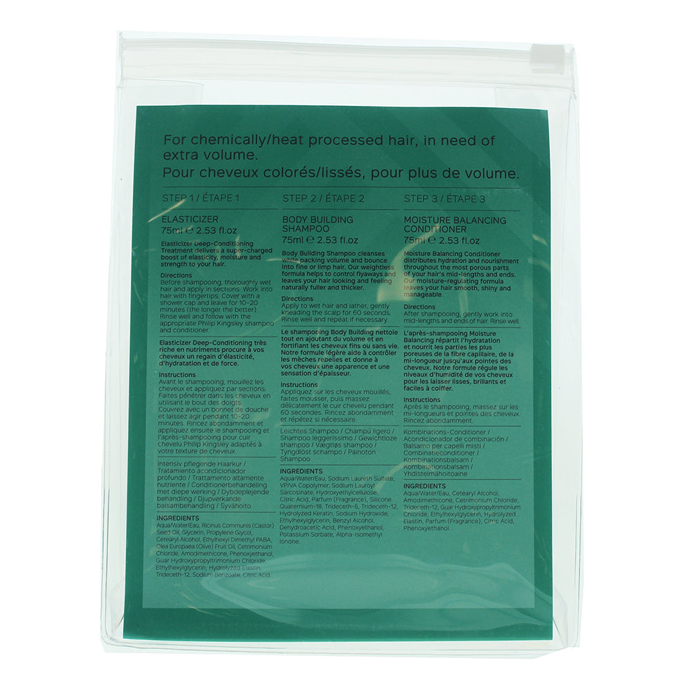 Philip Kingsley 3 Piece Gift Set: Body Building Shampoo 75ml - Moisture Balancing Conditioner 75ml - Elasticizer 75ml