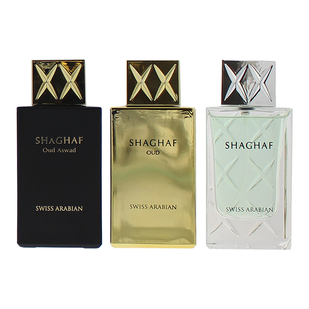 Swiss Arabian 3 Piece Gift Set: Shaghaf For Men Eau de Parfum 75ml - Shaghaf Oud Eau de Parfum 75ml - Shaghaf Oud Aswad Eau de Parfum 75ml - Product