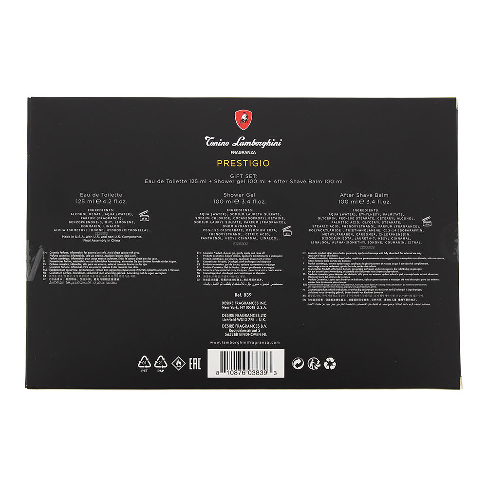Lamborghini Prestigio 3 Piece Gift Set: Eau De Toilette 125ml - Shower Gel 100ml - Aftershave Balm 100ml