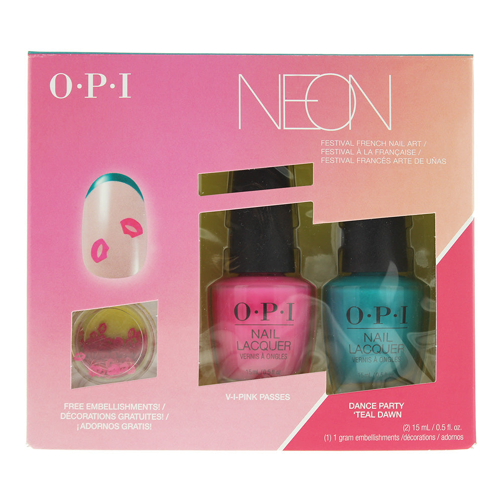 OPI Neon Festival French Art Gift Set Nail Polish 2 X 15ml & Decorations 1g