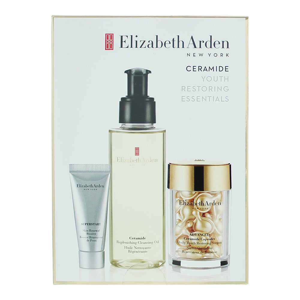 Elizabeth Arden Ceramide Youth Restoring Essentials 3 Piece Gift Set: Cleanisng Oil 100ml - Ceramide Capsules 30pcs - Skin Renewal Booster 5ml - Box