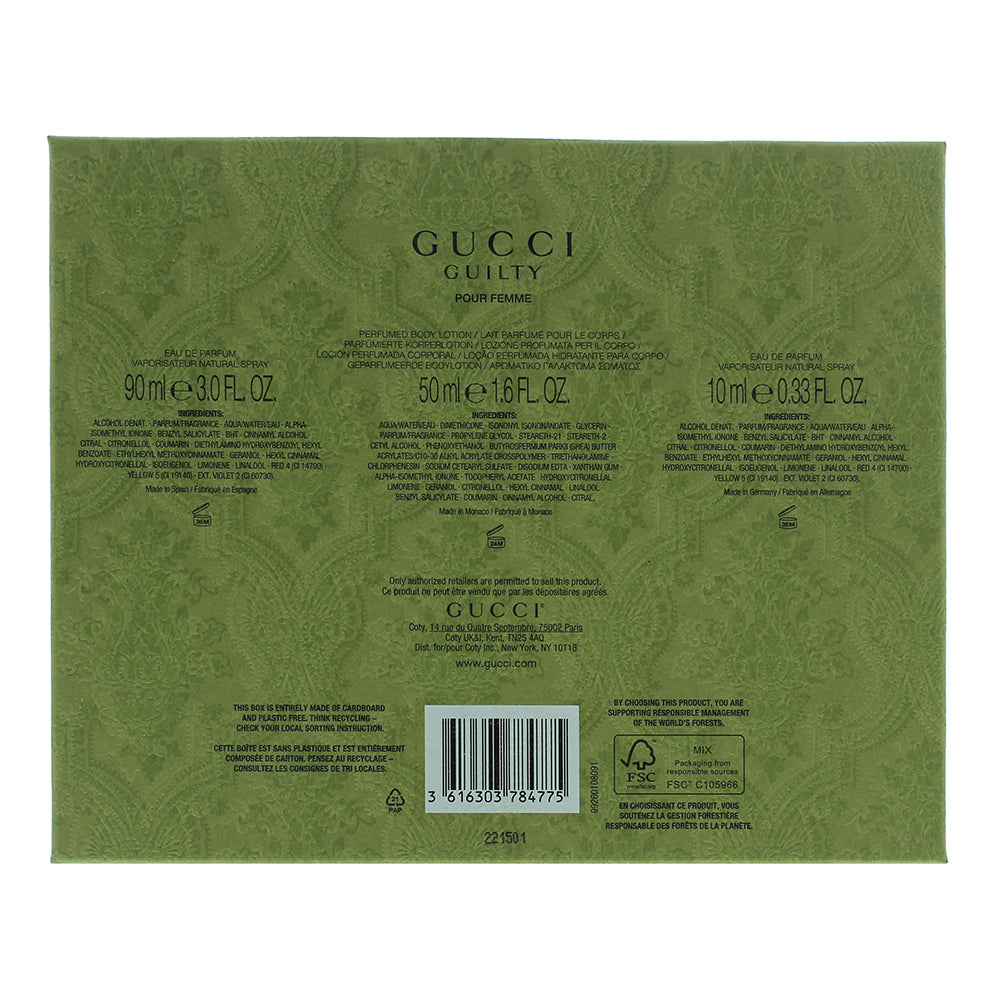 Gucci Guilty 3 Piece Gift Set: Eau De Parfum 90ml - Eau De Parfum 10ml - Body Lotion 100ml