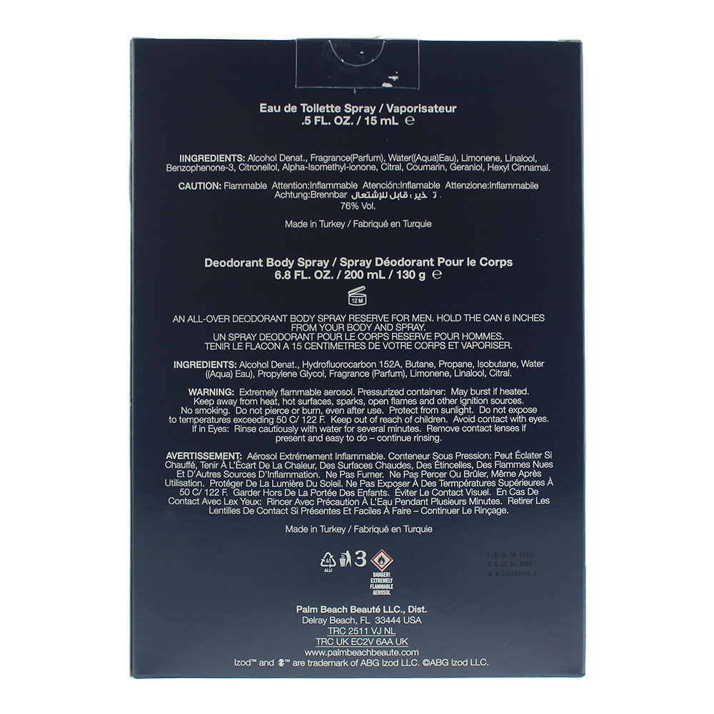 Izod White 2 Piece Gift Set: Eau de Toilette 15ml - Body Spray 200ml - Ingredients