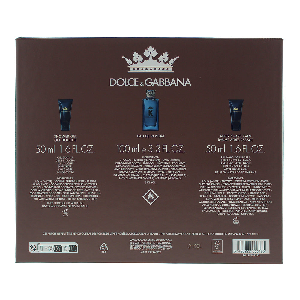 Dolce & Gabbana K 3 Piece Gift Set: Eau de Parfum 100ml - Aftershave Balm 50ml -