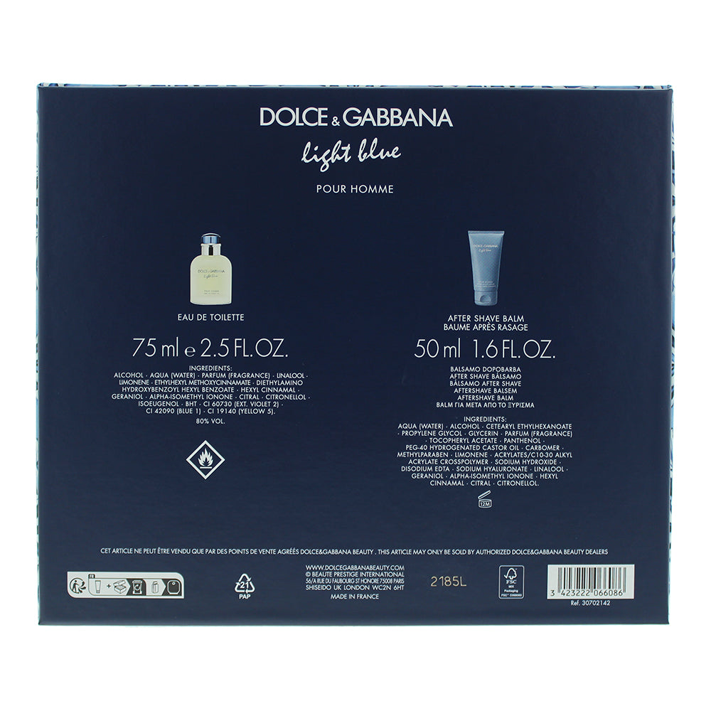Dolce & Gabbana Light Blue Pour Homme 2 Piece Gift Set: Eau De Toilette 75ml - Aftershave Balm 50ml