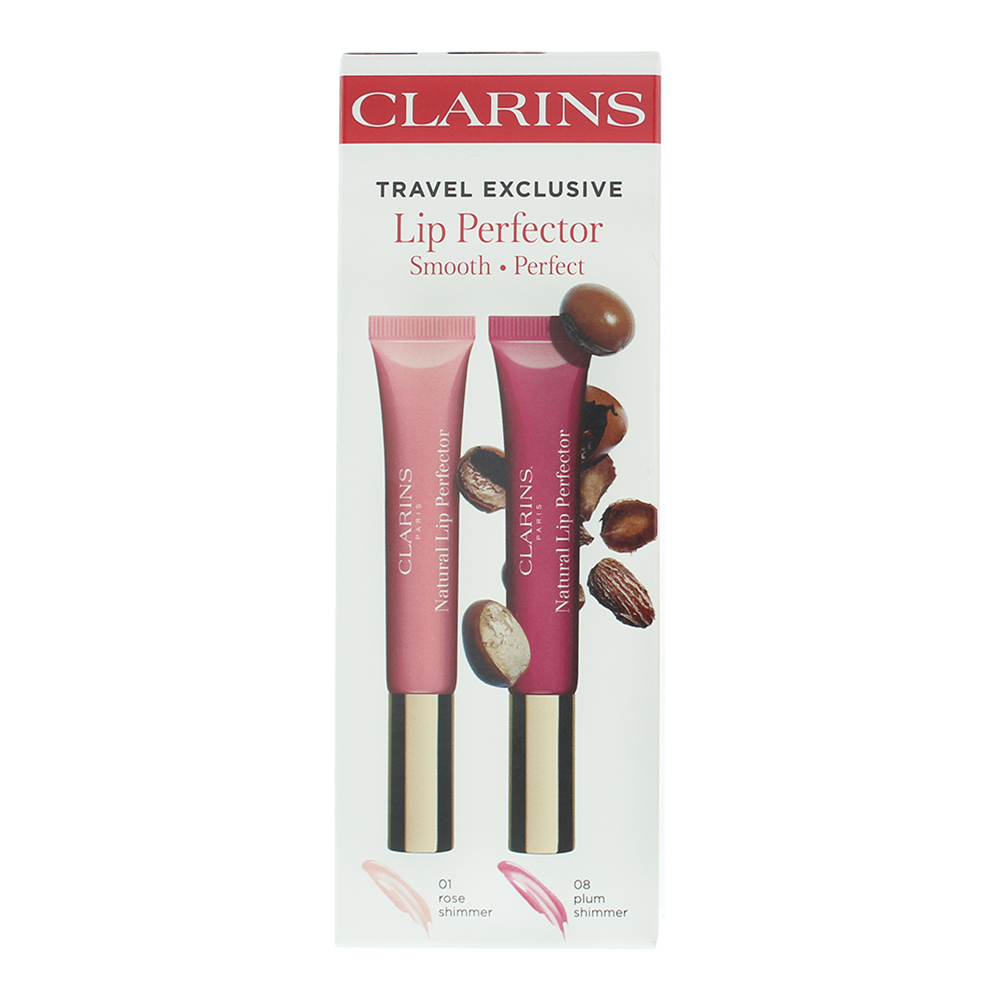 Clarins Lip Perfector 2 Piece Gift Set: 01 Rose Shimmer Lip Gloss 12ml - 08 Plum - Box