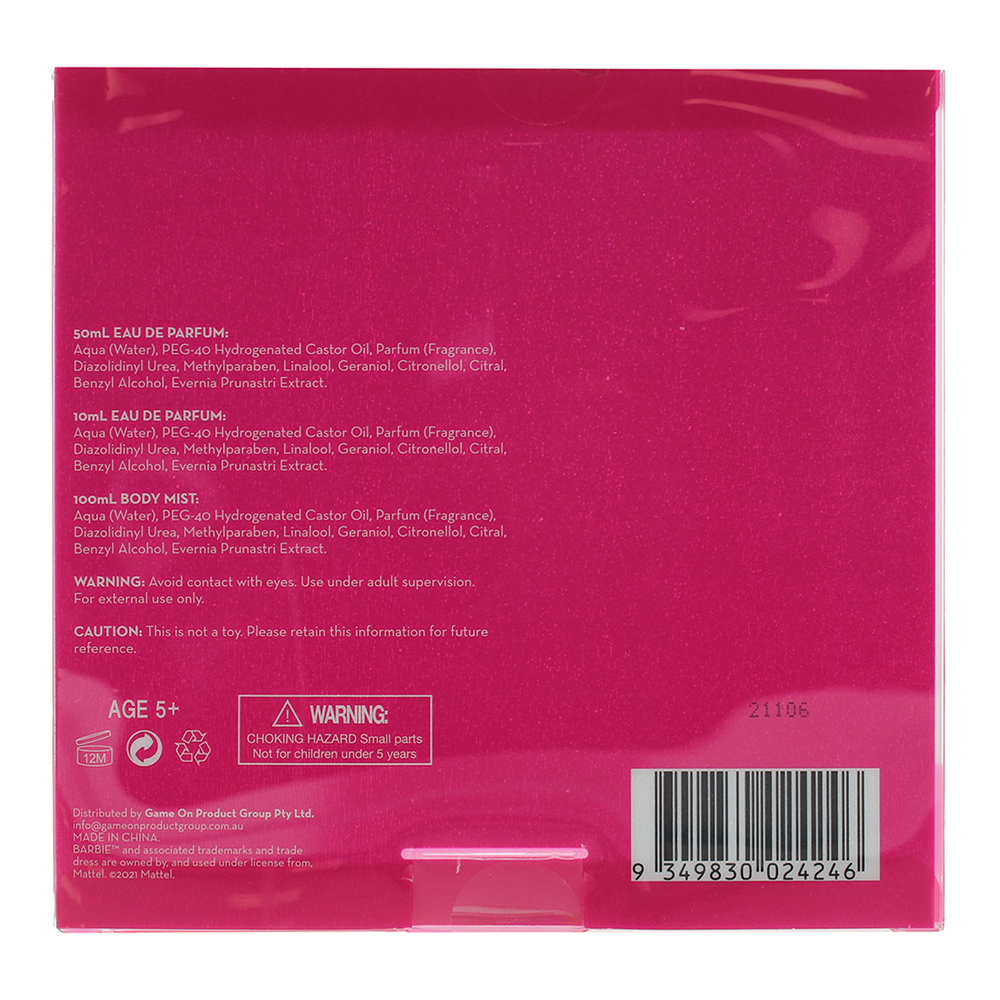 Disney Barbie 3 Piece Gift Set: Eau de Parfum 50ml - Roll-On Perfume 10ml - Body Spray 100ml