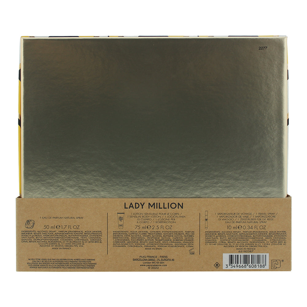 Paco Rabanne Lady Million 3 Piece Gift Set: Eau De Parfum 50ml - Eau De Parfum 10ml - Body Lotion 75ml