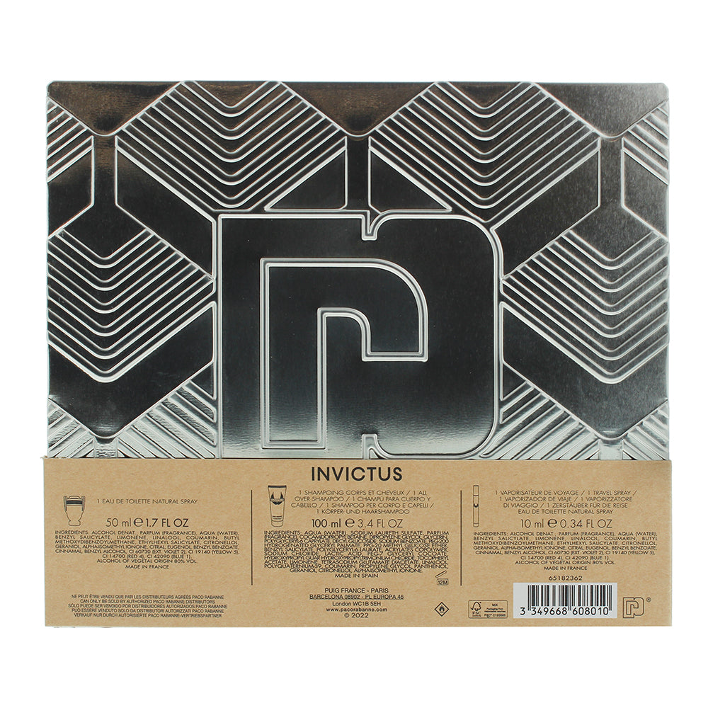 Paco Rabanne Invictus 3 Piece Gift Set: Eau De Toilette 50ml - Eau De Toilette 10ml - Shampoo 100ml