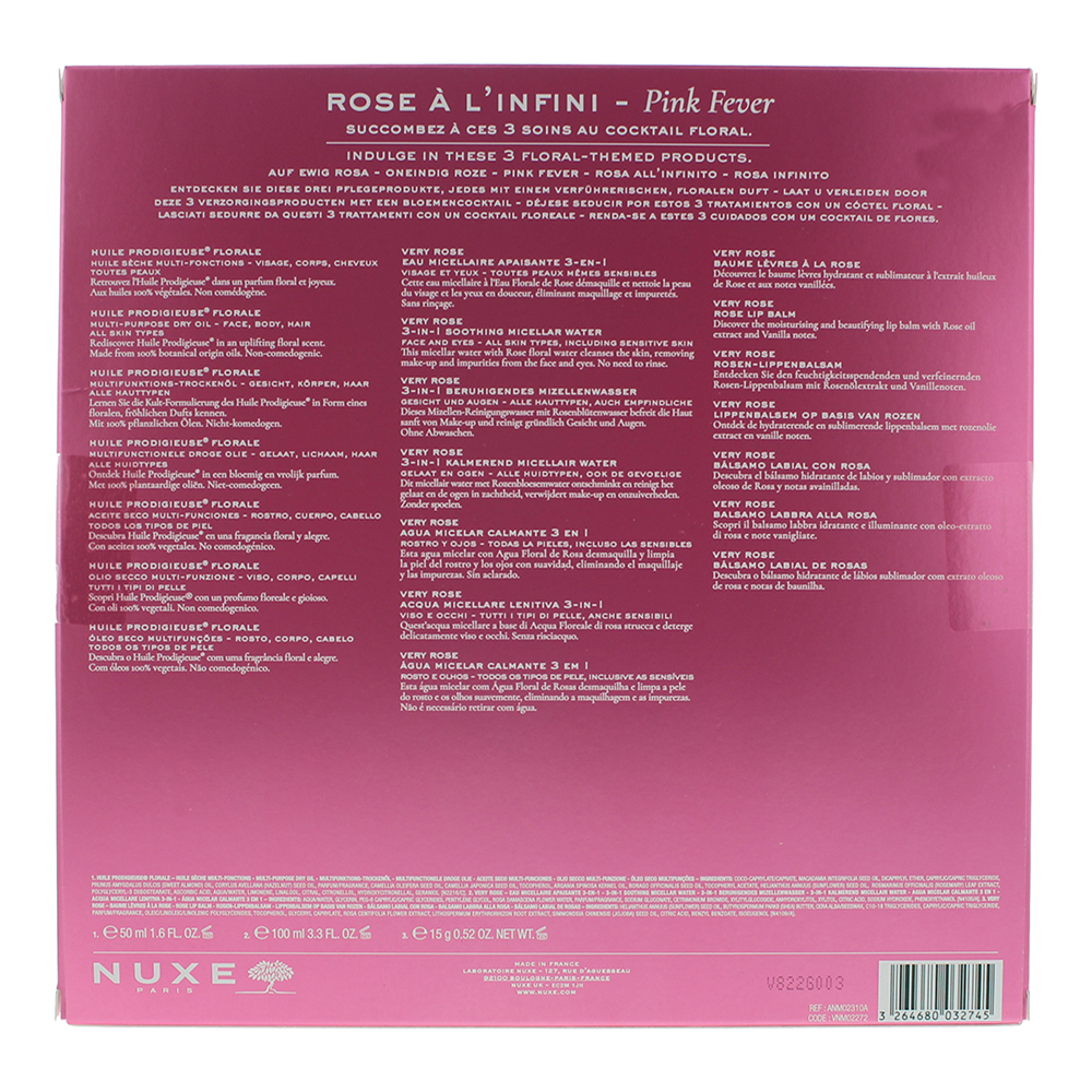 Nuxe Rose À L'infini 3 Piece Gift Set: Body Oil 50ml - Micellar Cleanser 100ml - Lip Balm 15g