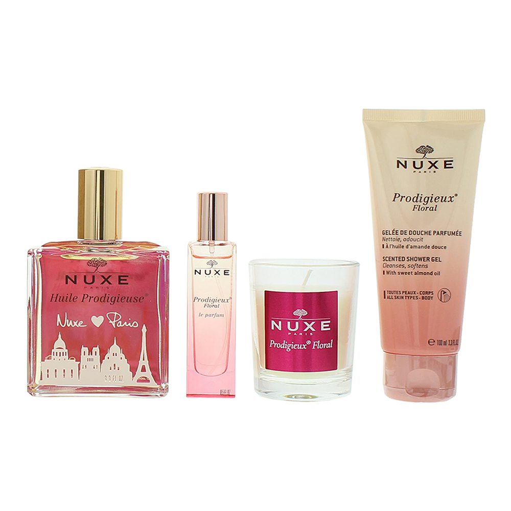 Nuxe Happy In Pink 4 Piece Gift Set: Body Oil 100ml - Scented Shower Gel 100ml - Floral Parfum 15ml - Candle 70g - Product